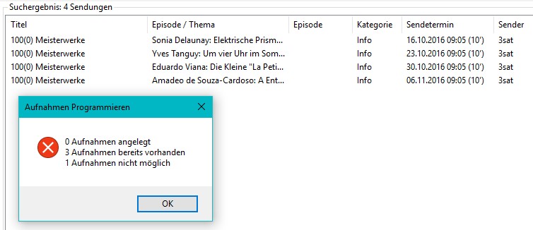 Hier waren schon drei Sendungen programmiert. Die vierte kann der STV nicht über &quot;Suche im EPG&quot; aufnehmen.